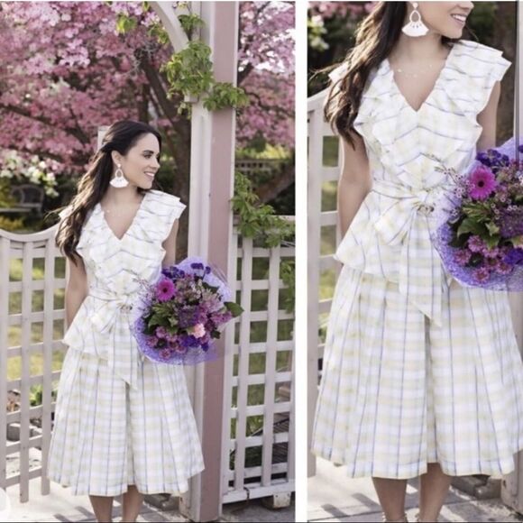 Halogen x Atlantic Pacific Bow Ruffle Dress in White Pastel Multi Plaid/Medium - Picture 1 of 7